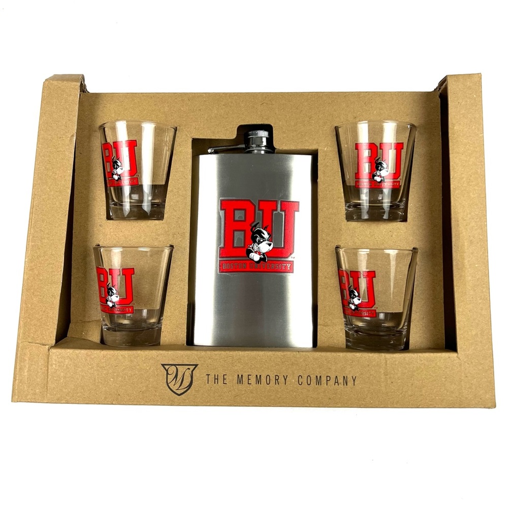 BU Boston University 8oz. Stainless Steel Flask & Four 2oz. Shot Glass Set